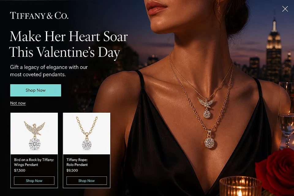 Valentine Fullscreen Immersive – popup ötlet a(z) tiffany.com alapján