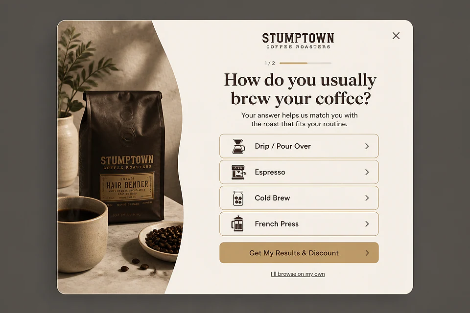 The Roaster's Choice Quiz – popup ötlet a(z) stumptowncoffee.com alapján