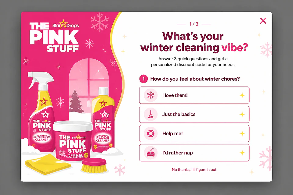 Winter Clean Quiz – popup ötlet a(z) thepinkstuff.com alapján