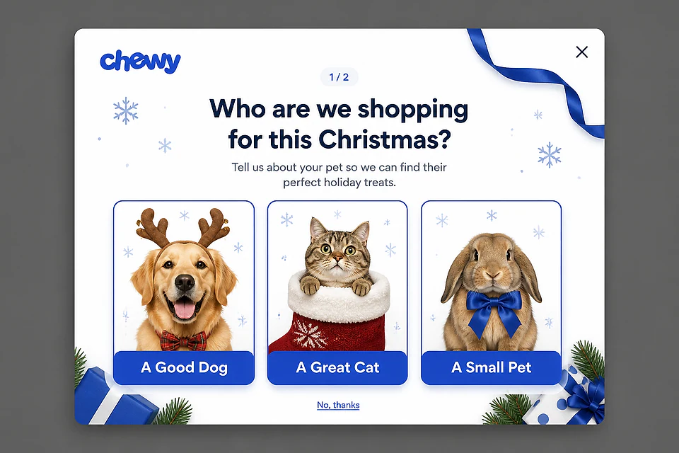Santa's Helper Quiz – popup ötlet a(z) chewy.com alapján