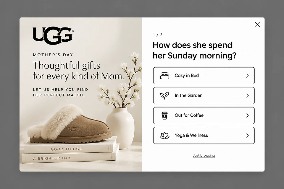 The Gift Selector Quiz – popup ötlet a(z) ugg.com alapján