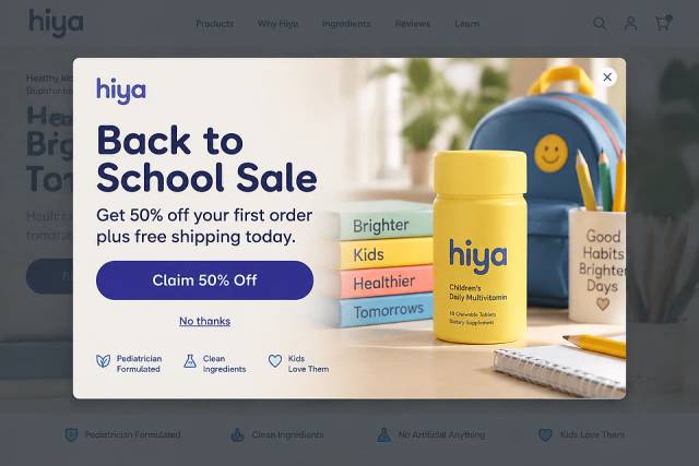 Back to School Sale Popup — popup concept inspired by hiyahealth.com