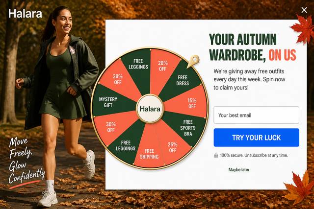 Athleisure Harvest Fullscreen — popup concept inspired by eur.halara.com