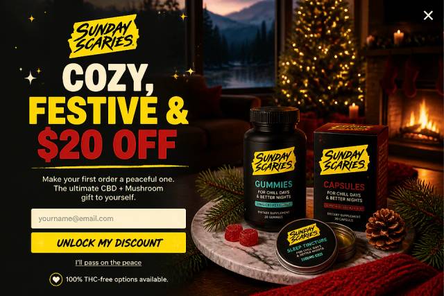 Festive Full-Bleed Chill — popup concept inspired by sundayscaries.com