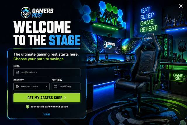 Neon Fullscreen Immersion — popup concept inspired by gamersreststage.myshopify.com