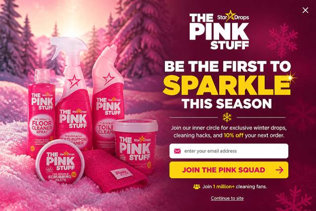 Frosted Pink Fullscreen — popup concept inspired by thepinkstuff.com